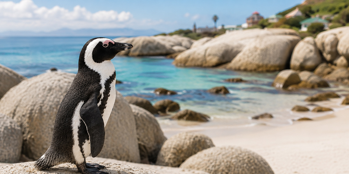 African penguin walking along Boulders Beach near Cape Town